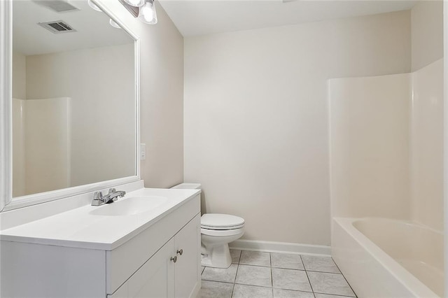 full bath featuring visible vents, baseboards, toilet, tile patterned floors, and vanity