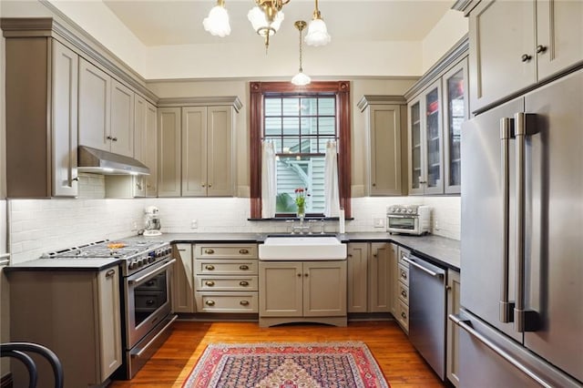 kitchen featuring sink, decorative light fixtures, tasteful backsplash, and premium appliances