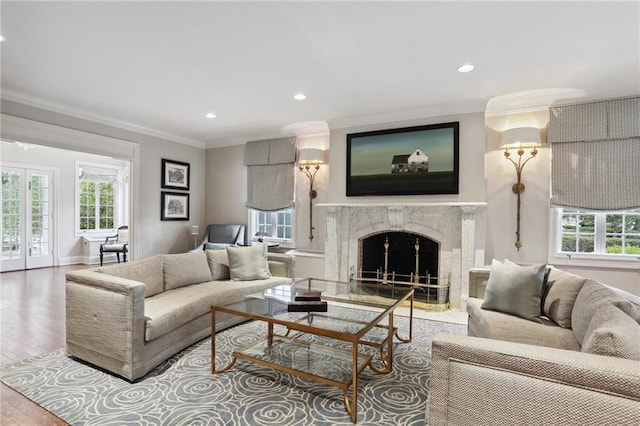 living room with a fireplace, ornamental molding, and hardwood / wood-style flooring