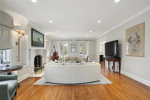 living room featuring crown molding, a fireplace, and wood-type flooring