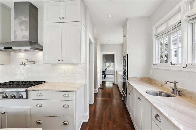 kitchen featuring white cabinetry, stainless steel appliances, wall chimney exhaust hood, light stone counters, and sink