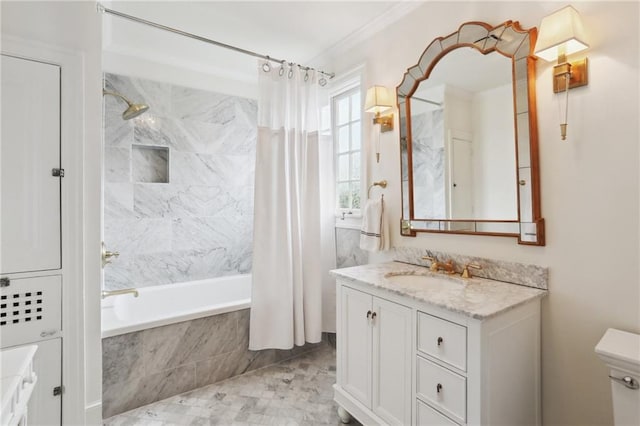 full bathroom with toilet, crown molding, vanity, and shower / bath combo with shower curtain