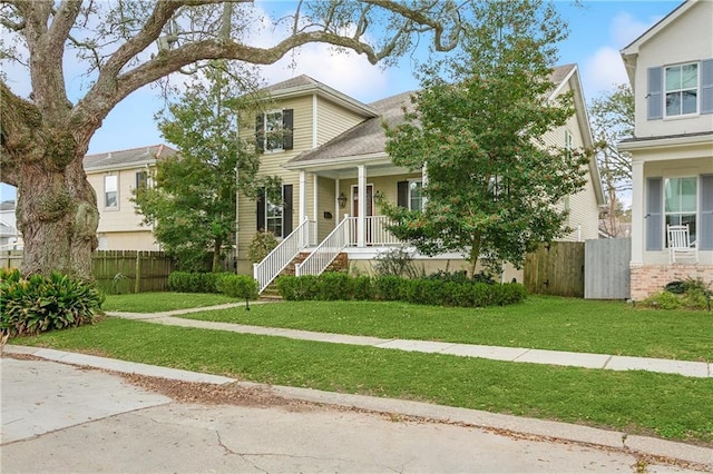 view of front facade featuring a porch, a front yard, and fence