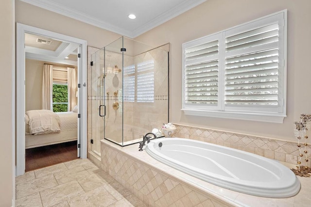 bathroom with crown molding and plus walk in shower