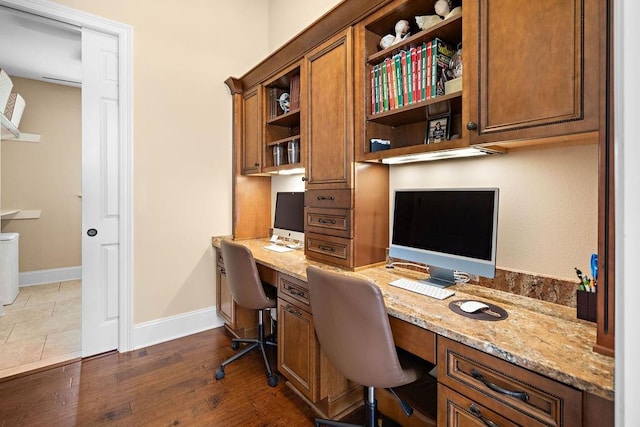 office with built in desk and dark wood-type flooring