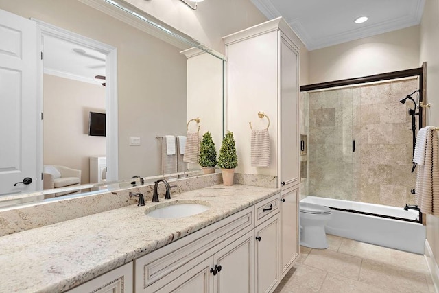 full bathroom featuring tile patterned floors, vanity, toilet, and ornamental molding