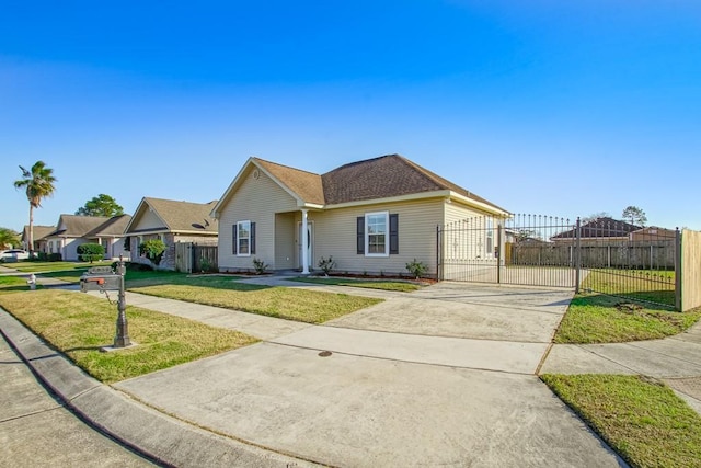 single story home featuring a front lawn and a garage