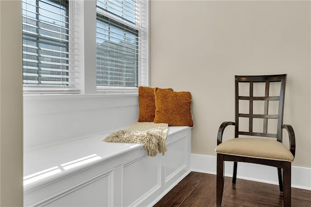 sitting room featuring baseboards and dark wood-style flooring