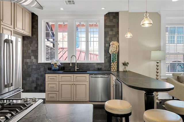 kitchen featuring dark countertops, plenty of natural light, stainless steel appliances, and a sink