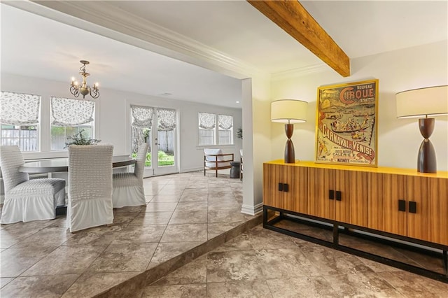 dining room featuring beamed ceiling, crown molding, and a chandelier