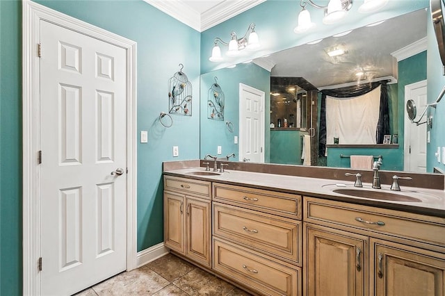 bathroom with vanity, tile patterned floors, and ornamental molding