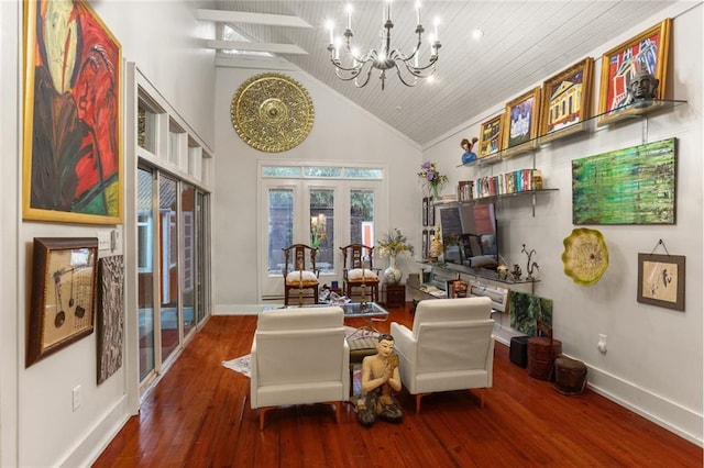 living area with french doors, dark wood-type flooring, crown molding, an inviting chandelier, and wooden ceiling