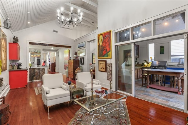 sitting room with wooden ceiling, dark wood-type flooring, high vaulted ceiling, beamed ceiling, and a notable chandelier