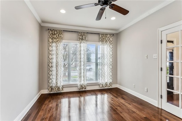 unfurnished room with plenty of natural light, ceiling fan, and ornamental molding