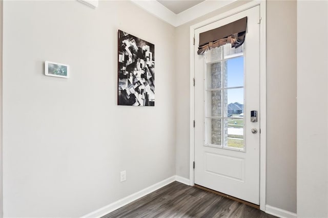 doorway with dark hardwood / wood-style flooring