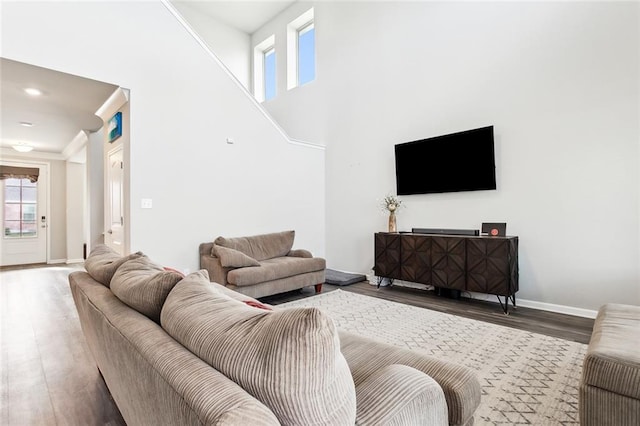 living room featuring hardwood / wood-style floors and a towering ceiling