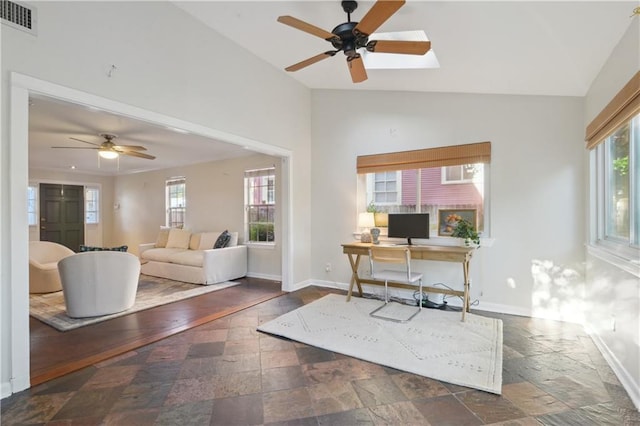 office with ceiling fan and lofted ceiling