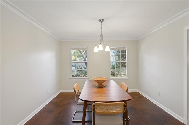 dining space featuring a chandelier and ornamental molding