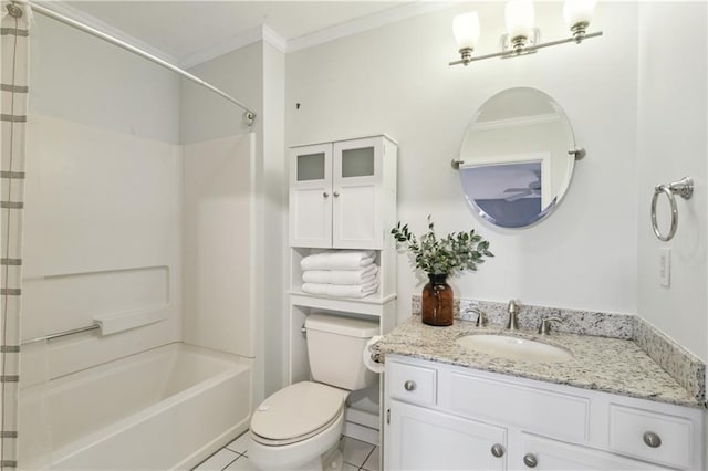 full bathroom with tile patterned flooring, shower / bath combination, toilet, vanity, and ornamental molding