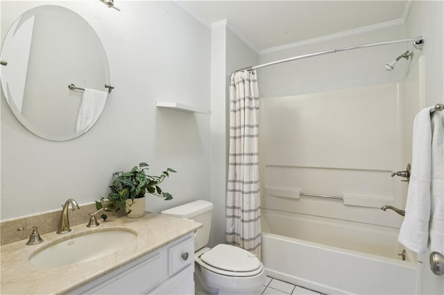 full bathroom with vanity, tile patterned floors, crown molding, toilet, and shower / tub combo with curtain