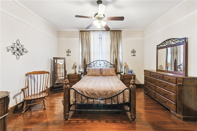 bedroom with ceiling fan, crown molding, and dark wood-type flooring