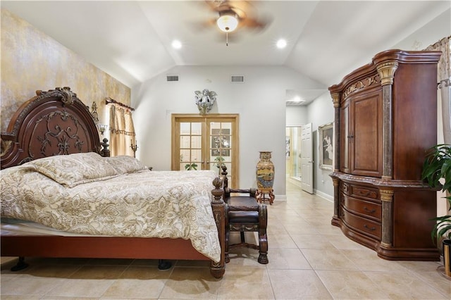 bedroom featuring french doors, ensuite bathroom, ceiling fan, light tile patterned floors, and lofted ceiling