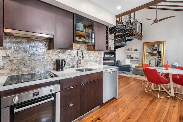 kitchen with sink, dark brown cabinets, stainless steel appliances, light hardwood / wood-style floors, and decorative backsplash