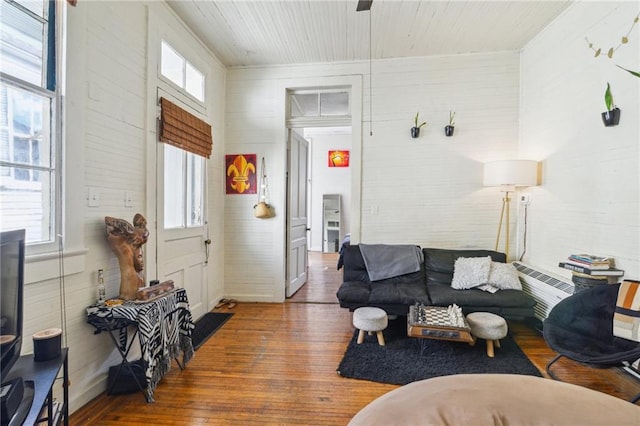 living room with a healthy amount of sunlight, dark wood-type flooring, and a wall mounted AC