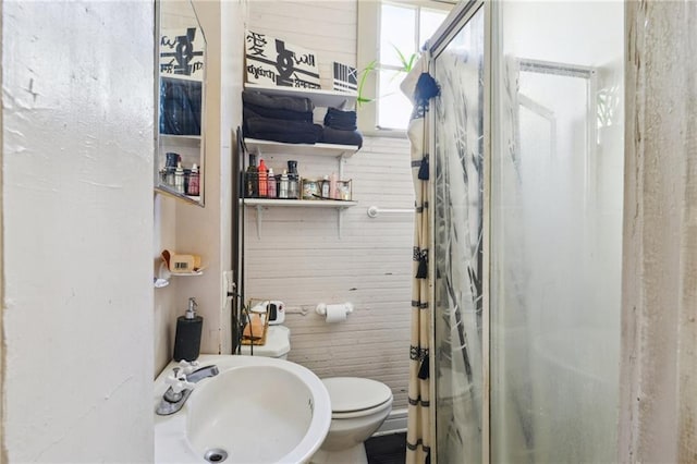 bathroom featuring sink, a shower with shower door, and toilet