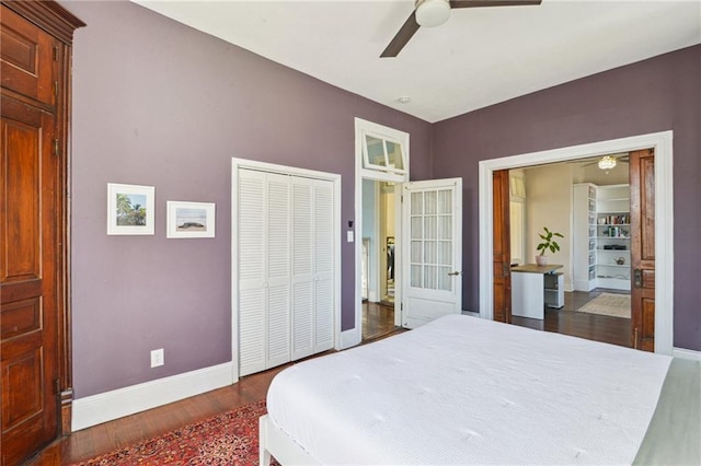 bedroom with a closet, ceiling fan, and dark wood-type flooring