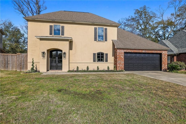 view of front facade featuring french doors, a front lawn, and a garage