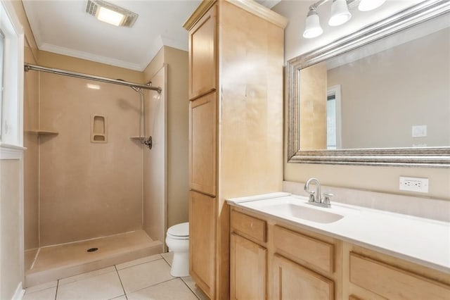 bathroom with toilet, tile patterned floors, walk in shower, and ornamental molding