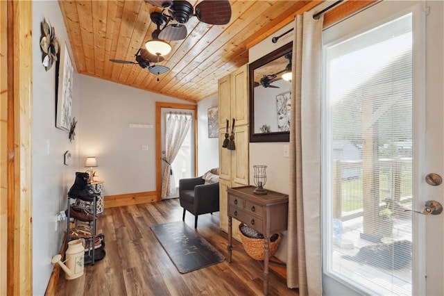 interior space featuring wooden ceiling, lofted ceiling, and hardwood / wood-style flooring