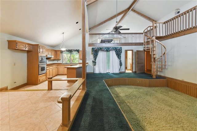 kitchen featuring high vaulted ceiling, stainless steel microwave, ceiling fan, and light tile patterned floors