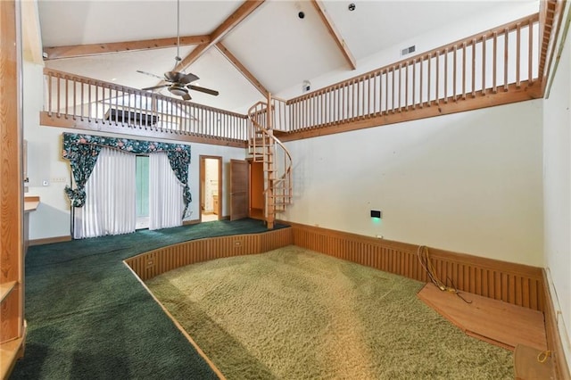 bedroom with high vaulted ceiling, carpet flooring, and beam ceiling