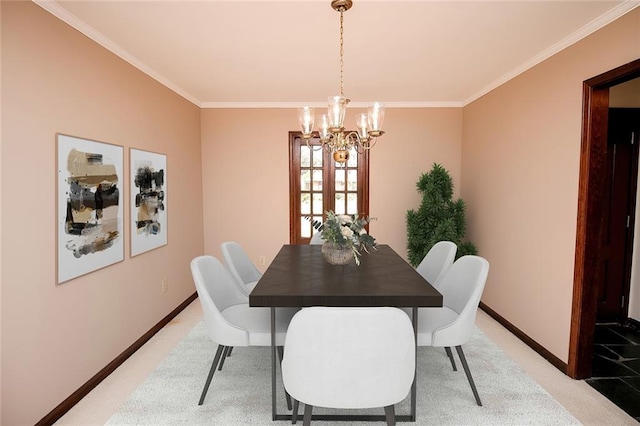 carpeted dining space featuring an inviting chandelier and ornamental molding