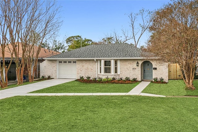 ranch-style home featuring a front lawn and a garage