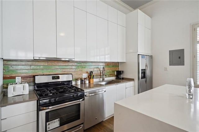 kitchen featuring white cabinets, stainless steel appliances, sink, and electric panel