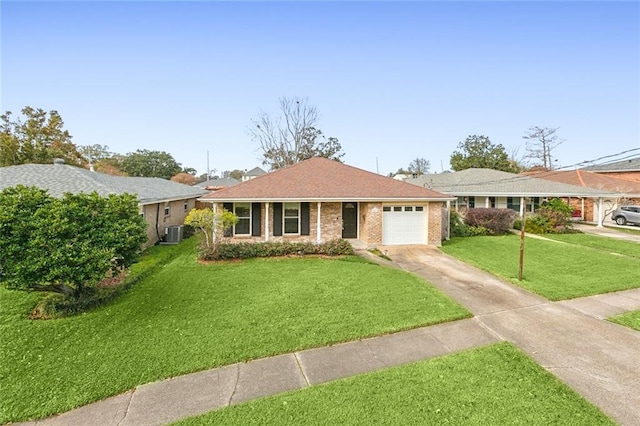 ranch-style house with central AC unit, a front lawn, and a garage