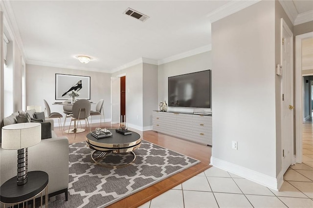 tiled living room with crown molding