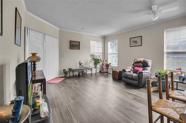 sitting room with a textured ceiling, ornamental molding, and wood-type flooring