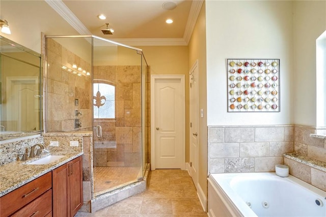 bathroom featuring vanity, tile patterned floors, independent shower and bath, and crown molding