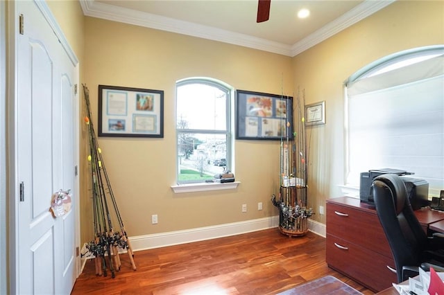 office space with ceiling fan, hardwood / wood-style flooring, and crown molding