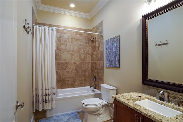 full bathroom with toilet, ornamental molding, shower / tub combo with curtain, and vanity