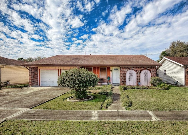 ranch-style house with a front lawn and a garage