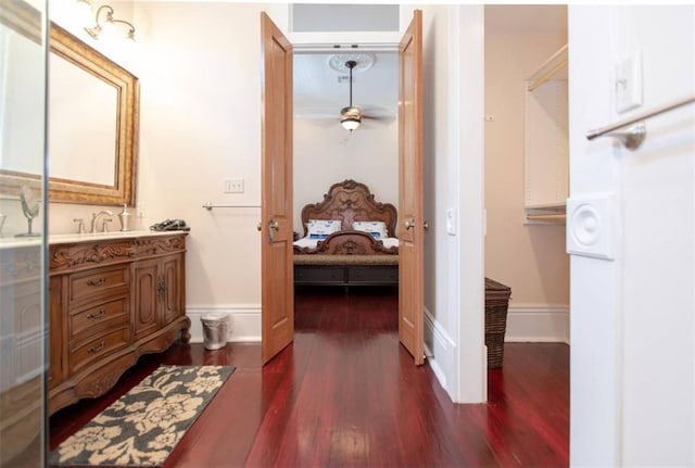 bathroom featuring vanity and hardwood / wood-style flooring