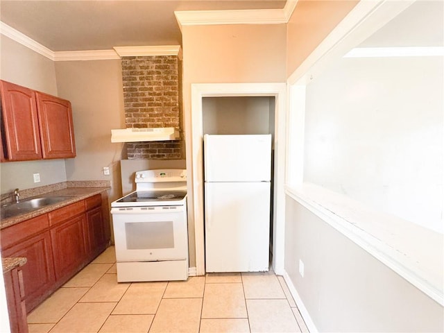 kitchen with sink, white appliances, light tile patterned floors, and crown molding