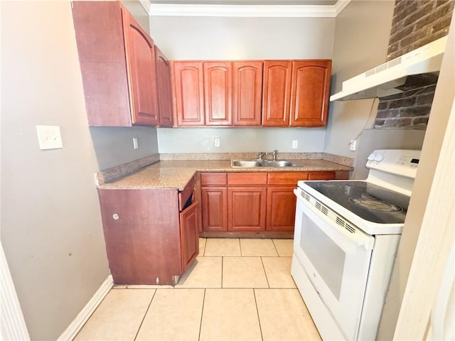 kitchen featuring light tile patterned floors, white electric stove, crown molding, and sink