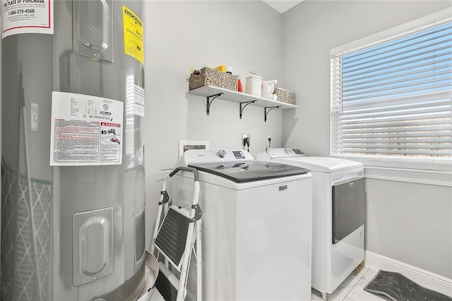 clothes washing area featuring water heater and washing machine and dryer