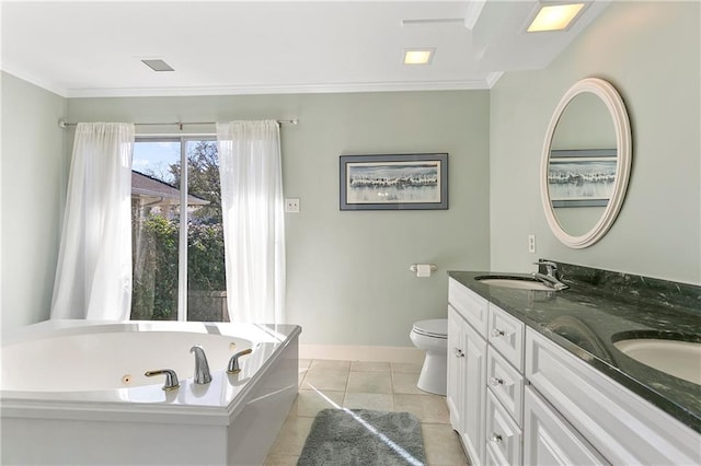 bathroom featuring toilet, a tub, tile patterned flooring, crown molding, and vanity